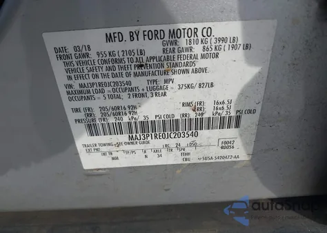 2018 Ford Ecosport S z USA, uszkodzony, nr VIN MAJ3P1RE0JC203540